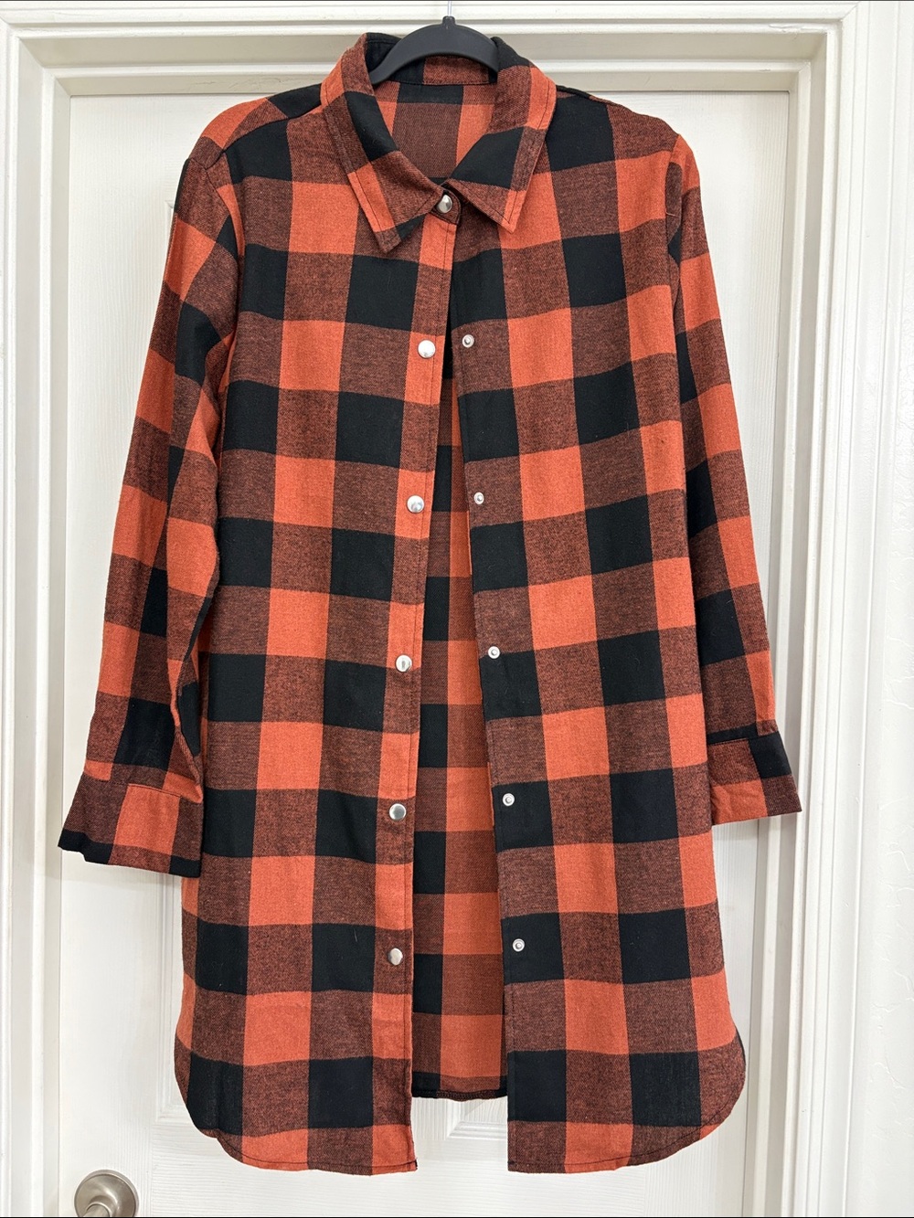 Women’s Burnt Orange and Black Buffalo Plaid long flannel